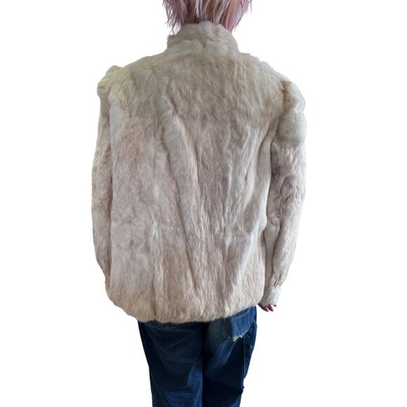 Vintage 1980s White Rabbit Fur Coat Car Length Puff Sleeve Stand-Up Collar M - Picture 5 of 11